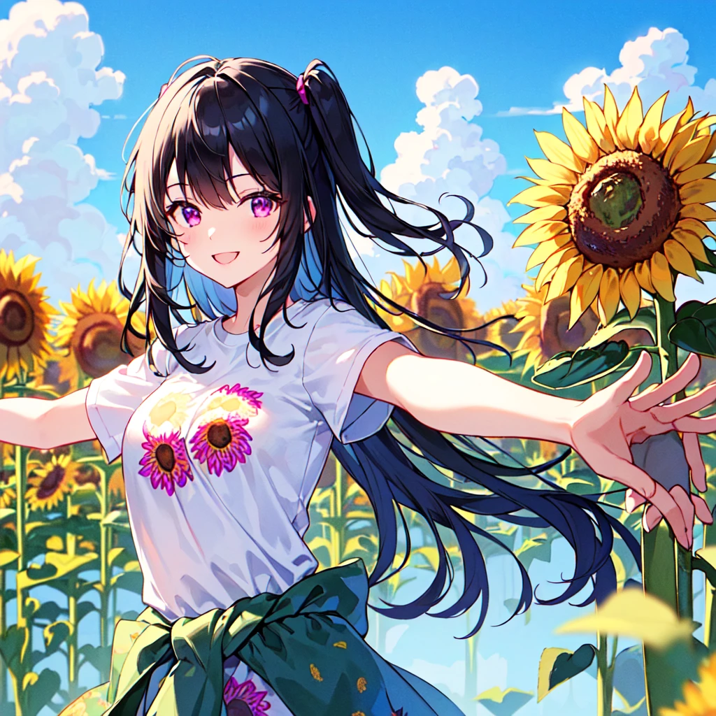 masterpiece, best quality, high quality, extremely detailed, very delicate and beautiful, (1 female 18 years old solo:1.2), (long black hair two-side up to waist:1.4), bangs to eyebrows, eyes Eyebrows glossy, (eye color magenta:1.3), 6.5 head height, ( T-shirt sunflower print fashion:1.3), knee socks, (smiling), (hands outstretched), (standing), (dynamic pose), (background sunflower field:1.3), (blue sky:1.3), (upper body:1.3)