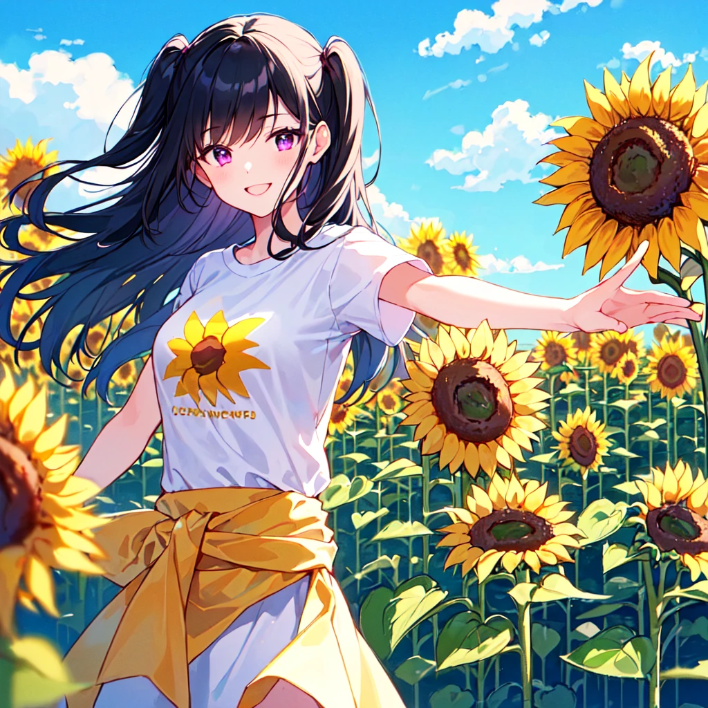 masterpiece, best quality, high quality, extremely detailed, very delicate and beautiful, (1 female 18 years old solo:1.2), (long black hair two-side up to waist:1.4), bangs to eyebrows, eyes Eyebrows glossy, (eye color magenta:1.3), 6.5 head height, ( T-shirt sunflower print fashion:1.3), knee socks, (smiling), (hands outstretched), (standing), (dynamic pose), (background sunflower field:1.3), (blue sky:1.3), (upper body:1.3)