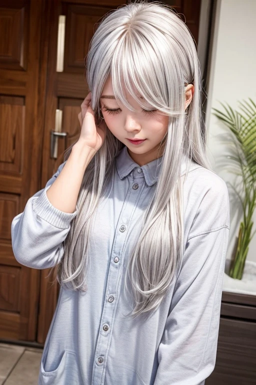 many々Wood thread　Around 30　cute　Silver Hair　An illustration　Embarrassed　Hide your face with one hand