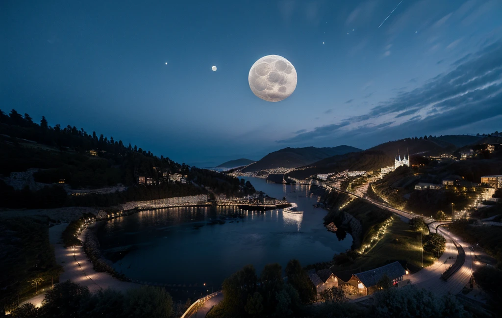 8K images、Ultra-detailed images、raw photo、Alpine Landscape、Swiss cityscape、Aerial view、(The big moon is right in front of me:1.5)、Mysterious Landscape