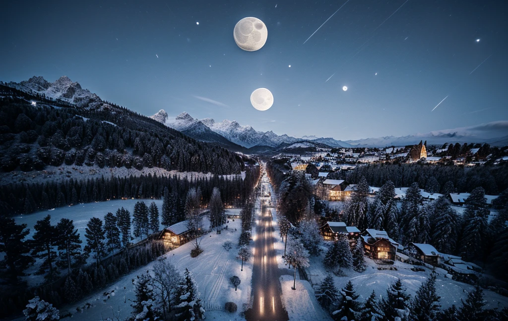 8K images、Ultra-detailed images、raw photo、Alpine Landscape、Swiss cityscape、Aerial view、(The big moon is right in front of me:1.5)、Mysterious Landscape