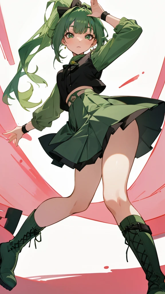 best quality, masterpiece, perfect anatomy, 4k, smiling, One woman, Dark green hair, long ponytail, jovial, friendly, pleasant smile, pretty smile, open mouth smile, Gentle feeling, rock fashion, pleated skirt, long boots