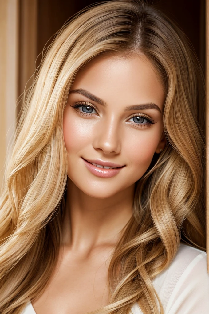 high resolution frontal photo portrait of a woman that has a radiant oval face with striking and captivating appearance, radiating elegance and charm. Her long, wavy blonde hair frames her face in an enchanting way, while her light brown eyes, reminiscent of honey, shine with intelligence and warmth. Her facial features are perfectly balanced, with an elegant nose and softly defined cheekbones. Her smile is radiant and contagious, lighting up the room whenever she enters. Her naturally full and rosy lips add a touch of seduction to her already captivating presence. Carolina meticulously cares for her appearance, maintaining flawless skin that radiates a healthy glow, with a golden undertone that enhances her natural beauty