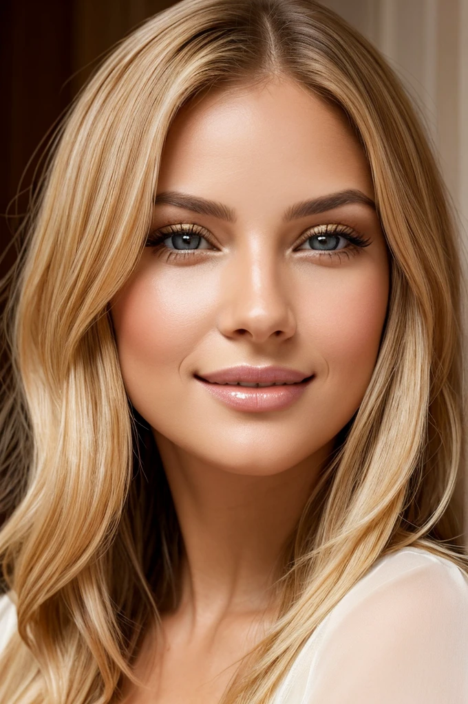 high resolution frontal photo portrait of a woman that has a radiant oval face with striking and captivating appearance, radiating elegance and charm. Her long, wavy blonde hair frames her face in an enchanting way, while her light brown eyes, reminiscent of honey, shine with intelligence and warmth. Her facial features are perfectly balanced, with an elegant nose and softly defined cheekbones. Her smile is radiant and contagious, lighting up the room whenever she enters. Her naturally full and rosy lips add a touch of seduction to her already captivating presence. Carolina meticulously cares for her appearance, maintaining flawless skin that radiates a healthy glow, with a golden undertone that enhances her natural beauty