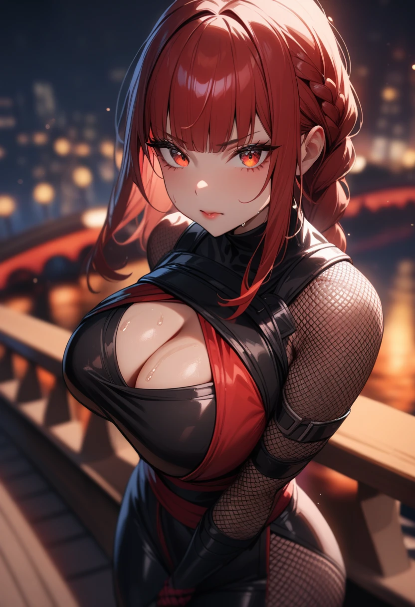 1girl,solo,super detailed skin,shiny skin,wet oily skin,serious face,lips gloss,eyelashes,glowing red eyes,red hair,blunt bangs,sidelocks,a braid,large breasts,body suit,Shinobi clothes,cleavage cutout,fishnet,cowboy shot,night bridge,masterpiece,best quality,ultra detailed,high resolution,sharp focus,depth of field,