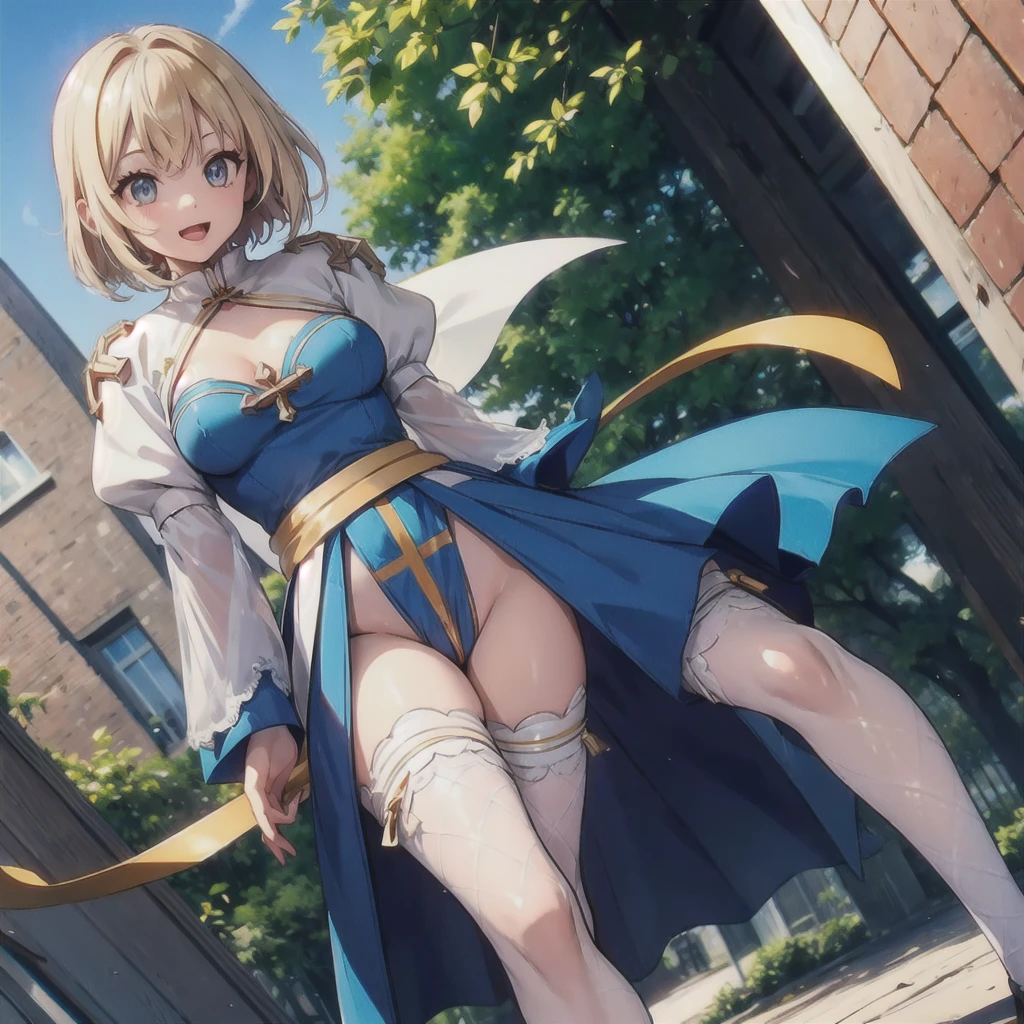 Texture CG,((Ultra Detail Art)),((master piece)),(extremely details CG),1girl,solo,ragnarokarch,nsfw,gal,gyaru,beautiful breasts,slim body,slim legs,collarbones,slim and smooth lines,slim waist,small butt,(nipple slip:1.1),(ass visible through thighs),(panty shot),(wind lift),(pelvic curtain lift),(panties,highleg panties,white panties),(clitoris erection,clitoris slip,cameltoe),(White Puff Sleeves,white thigh thighs,Gold Sash,White blue dress from neck to chest,cleavage cutout,Long blue skirt with slit),((short length and narrow width pelvic curtain)),(Blue Wide Sleeve,(Blue Dress short Front)),long hair,golden blonde hair,Curve,Beautiful detailed eyes ,gleaming skin,open mouth,smile,outsides,clear sky,in summer,windy,garden,
