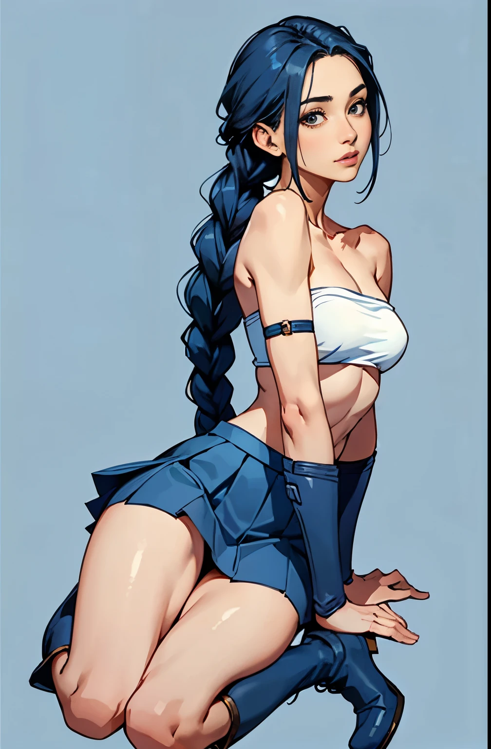 Kizi, Panas, portraite, medium breasts, Scrawny, hair blue, High braid, pale skin, Panas, soft or colored lips, blue strapless, blue short skirt, simple background, plain colors, blue background, blue boots, perfect hands, Perfect Anatomia