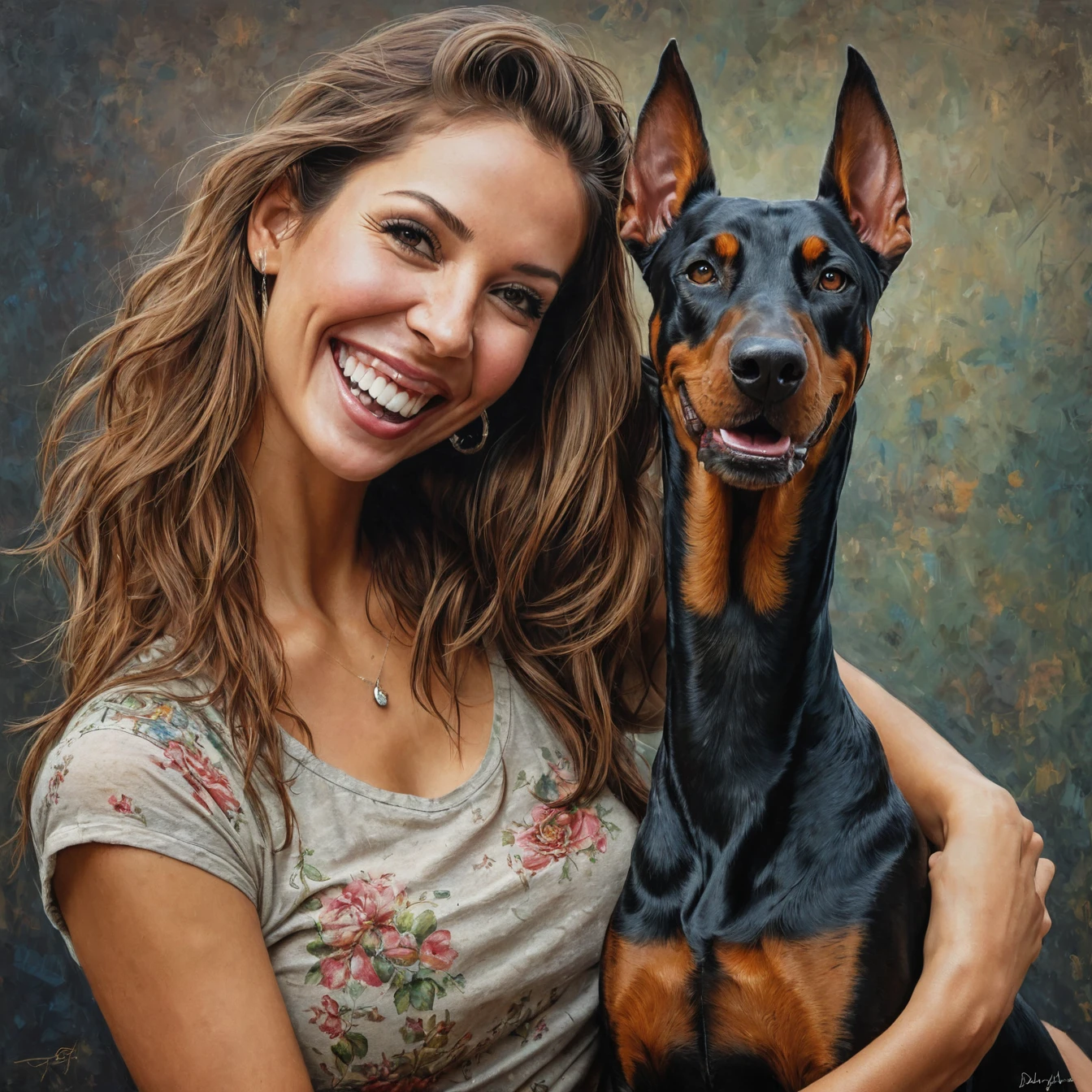 half  body, best quality, high resolution, photo realistic  
a woman smile  with her best friend her doberman,
dark complex background, style by Thomas Kinkade+David A. Hardy+Carne Griffiths+Mandy Disher half vivid colors fine art, best quality, high detailed, detailed faces, 2d,