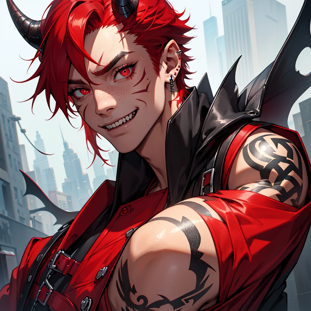 Young man, man, short red hair, close-up portrait, psychotic, crazy smile, bright eyes, red eyes, devil, horns, red complexion, schoolboy outfit, cross earring, black piercing, black tattoo, tight outfit, long eyelash, freckle, sensual pose, posing, looking at the camera, tongue sticking out, reptile tongue, sharp teeth.