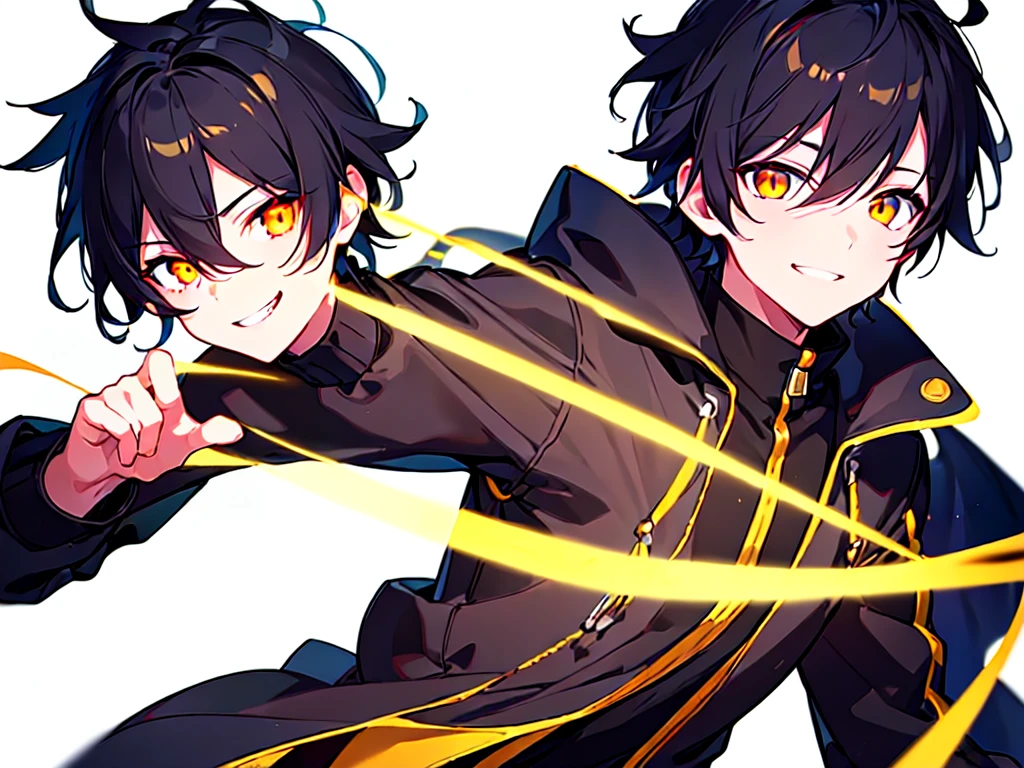 [(WHITE BACKGROUND:1.5),::5], ((((masterpiece)))), high quality, ultra very high resolution, full color, (((solo))), ((little boy)), Black hair, (Golden eyes), anime, ((upper body)), neon light, black parka, evil smile