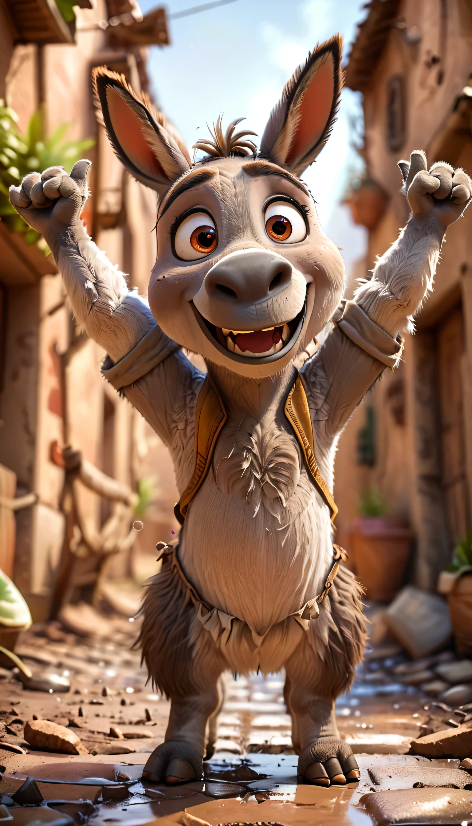 cute donkey, cartoon , arms, hands ,cute eyes, looking at viewer, arms up, dirty background, dirty