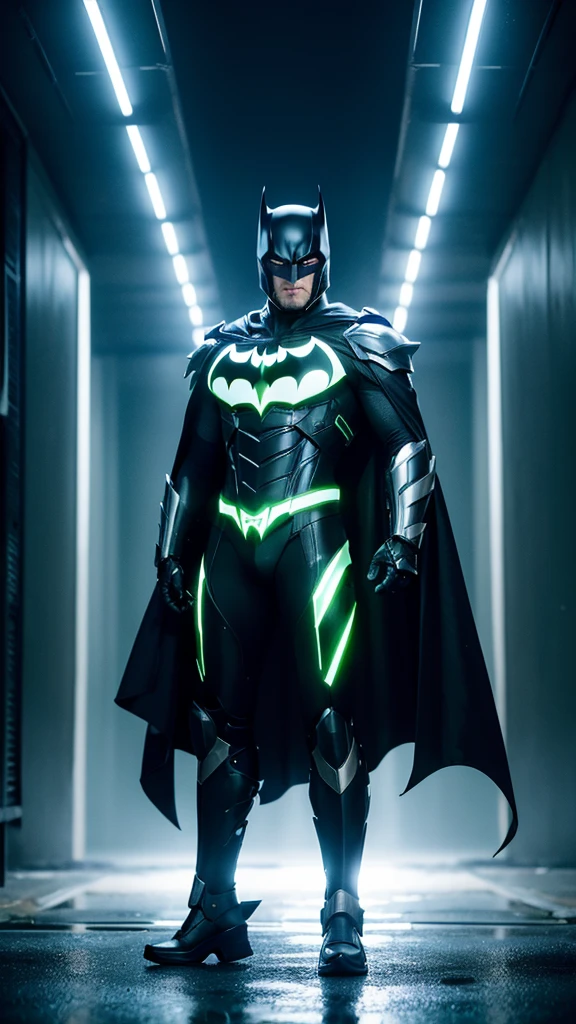 Masterpiece, best quality, NVIDIA RTX, sharp picture, cinematic lightning, hi-tech futuristic batman, perfect face details, proportional body, facial hair, luminous eyes:1.3, perfect mouth:1.3, neon luminous mecha-armor:1.3, black gold mecha armor:1.3, perfect cape, cape blown by strong winds:1.3, symmetrical pose, full body, epic lights reflection, night, dark alley, fogs