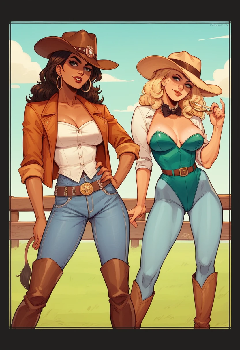 arafed woman in cowboy boots and a cowboy hat posing for a picture, daisy dukes, cowgirl, carmen electra, pamela anderson, cow-girl, playboy centerfold, kristanna loken, western cowgirl, posing for playboy photoshoot, margot robbie, giorgia meloni, rebecca romijn as dorothy, sexy movie photo, with hat, jeans and boots