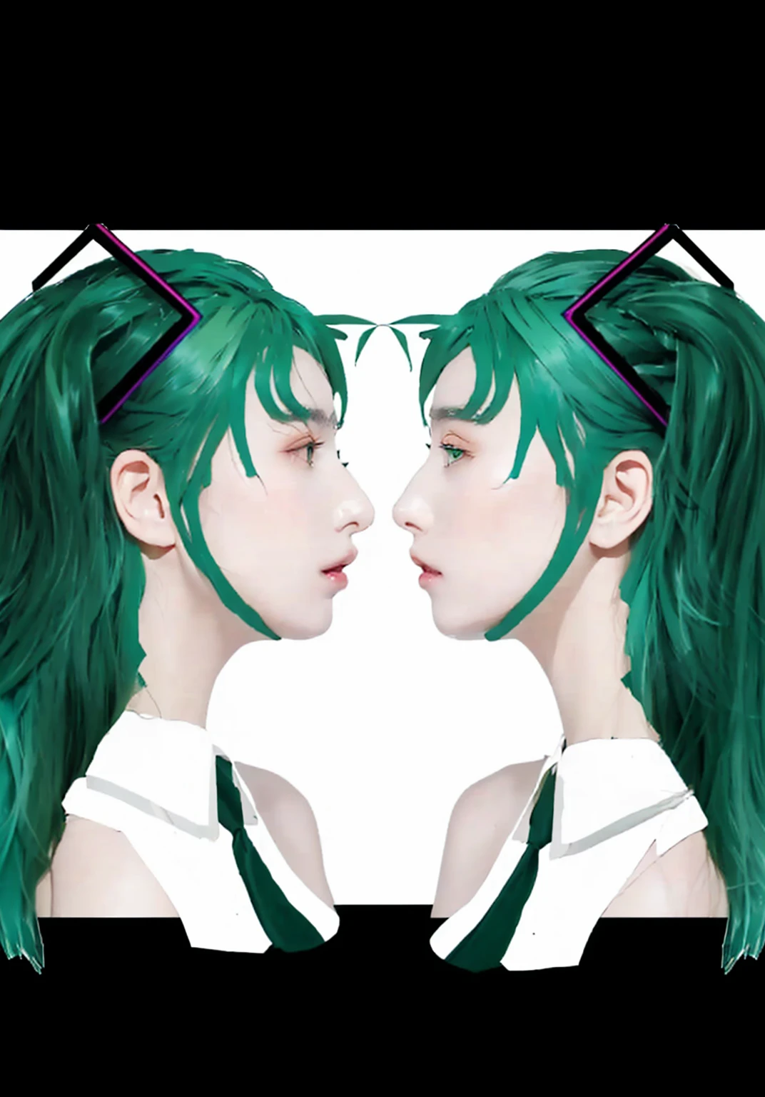 Make background As Same Picture no change charactor((Masterpiece)), (best quality), (very detailed), ((very detailed)), 4k, (8k),2 girl,Hatsune Miku, there is a woman with green hair and a green wig, green hair, green mane, dark green leaf hair, green flowing hair, teal hair, turquoise hair, long green hair, symmetrical portrait scifi, dark green hair, green feathery hair, inspired by Hannah Frank, short unkempt green hair, half & half hair dye, resembling a mix of grimes, big lcd screen effect