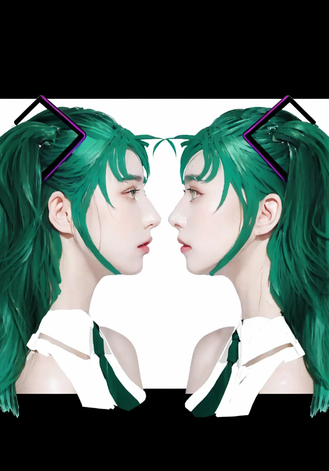 Make background As Same Picture no change charactor((Masterpiece)), (best quality), (very detailed), ((very detailed)), 4k, (8k),2 girl,Hatsune Miku, there is a woman with green hair and a green wig, green hair, green mane, dark green leaf hair, green flowing hair, teal hair, turquoise hair, long green hair, symmetrical portrait scifi, dark green hair, green feathery hair, inspired by Hannah Frank, short unkempt green hair, half & half hair dye, resembling a mix of grimes, big lcd screen effect
