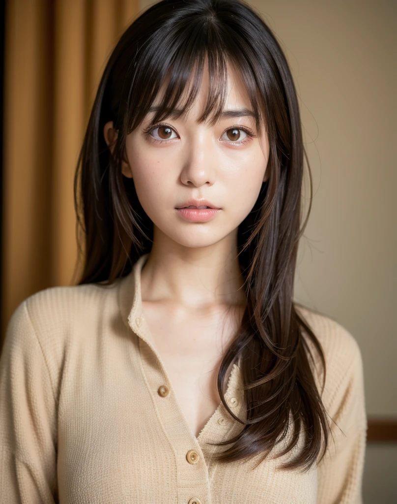 best quality, face focus, soft light, ultra high res, (photorealistic:1.4), RAW photo,
1japanese girl, solo, cute, (pupil, lights in the eyes), detailed beautiful face, (small chest),(high resolution detail of human skin texture),
(long hair),
indoor,
Damask Shirt Dress,
(portrait)