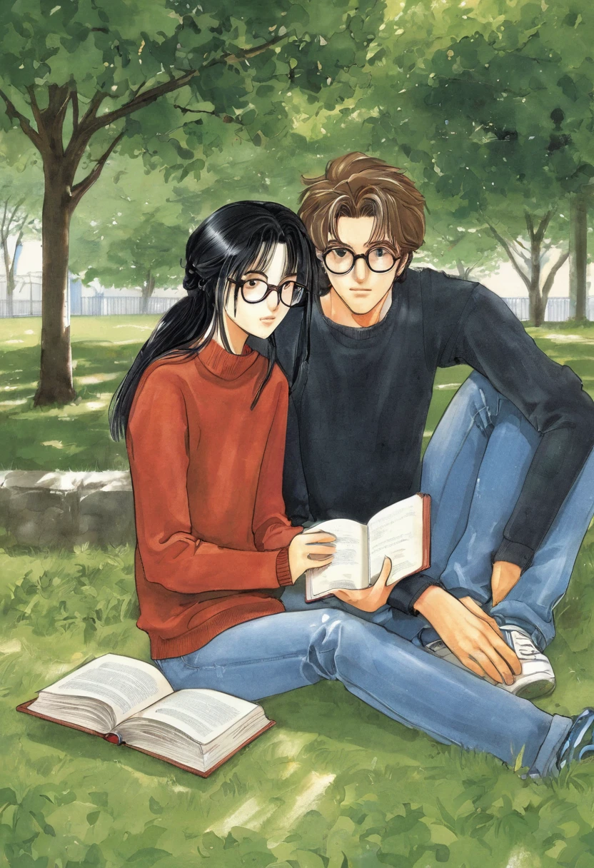 "Create an anime-style scene of a guy and a girl reading together. The guy should have a calm demeanor, with messy brown hair and glasses, dressed in comfortable casual clothing. The girl should appear thoughtful, with long black hair tied back, wearing a cozy sweater and jeans. They are sitting close together in a quiet corner of a library or a park, surrounded by books or under a leafy tree, enjoying their books in peaceful harmony."