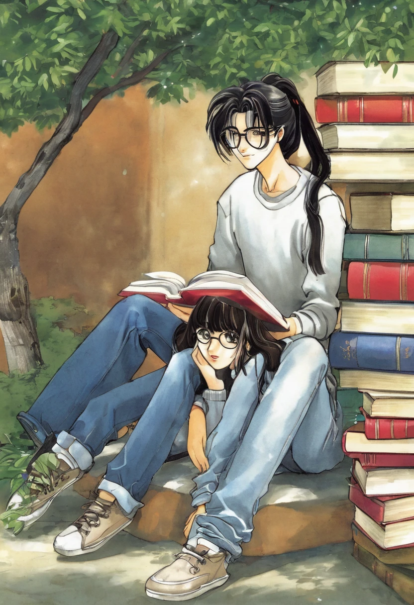 "Create an anime-style scene of a guy and a girl reading together. The guy should have a calm demeanor, with messy brown hair and glasses, dressed in comfortable casual clothing. The girl should appear thoughtful, with long black hair tied back, wearing a cozy sweater and jeans. They are sitting close together in a quiet corner of a library or a park, surrounded by books or under a leafy tree, enjoying their books in peaceful harmony."