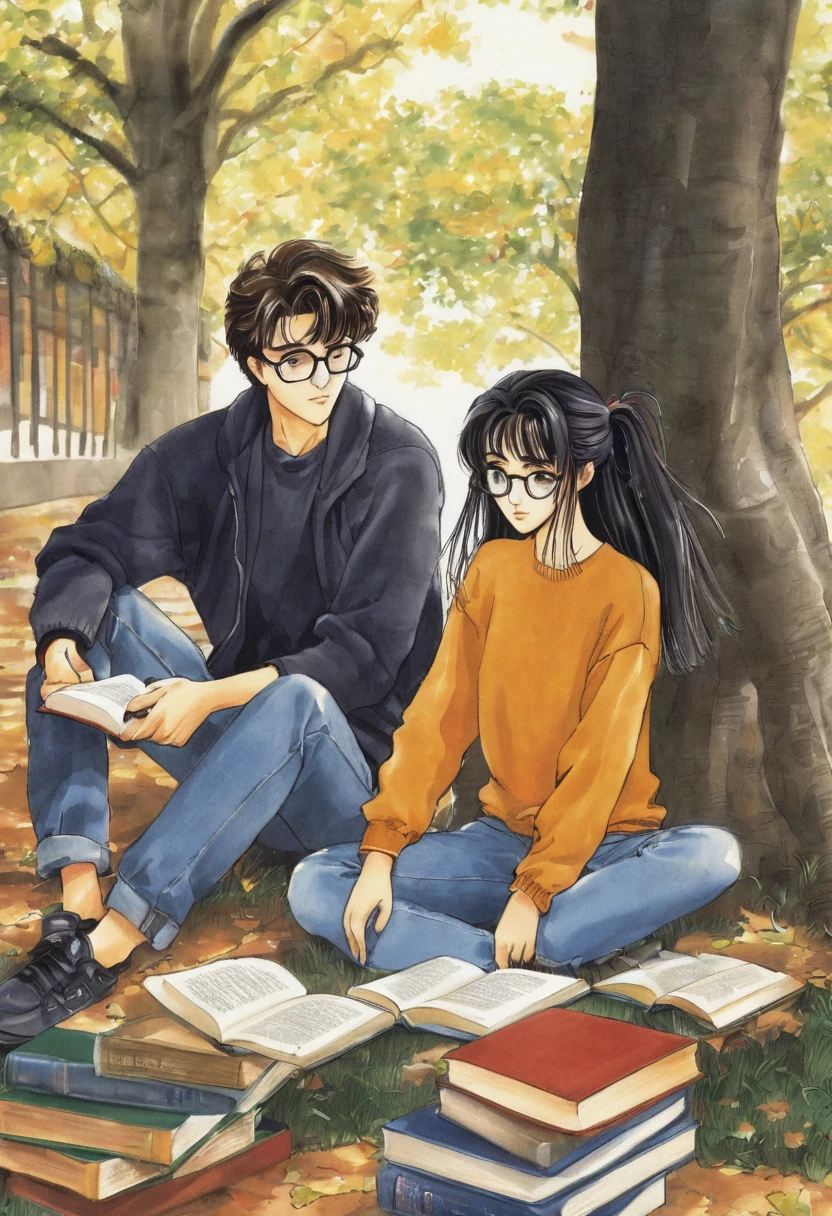 "Create an anime-style scene of a guy and a girl reading together. The guy should have a calm demeanor, with messy brown hair and glasses, dressed in comfortable casual clothing. The girl should appear thoughtful, with long black hair tied back, wearing a cozy sweater and jeans. They are sitting close together in a quiet corner of a library or a park, surrounded by books or under a leafy tree, enjoying their books in peaceful harmony."