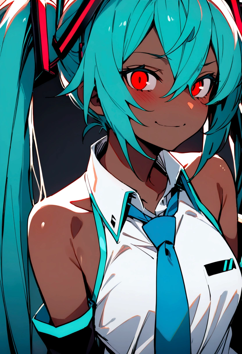 Masterpiece, Hatsune Miku, white shirt, blue tie, bare shoulders, separated sleeves, evil smiley face, dark skin, red eyes, black eyes, pupil orange,