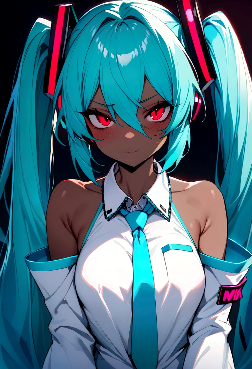 Masterpiece, Hatsune Miku, white shirt, blue tie, bare shoulders, separated sleeves, evil smiley face, dark skin, red eyes, black eyes, pupil orange,