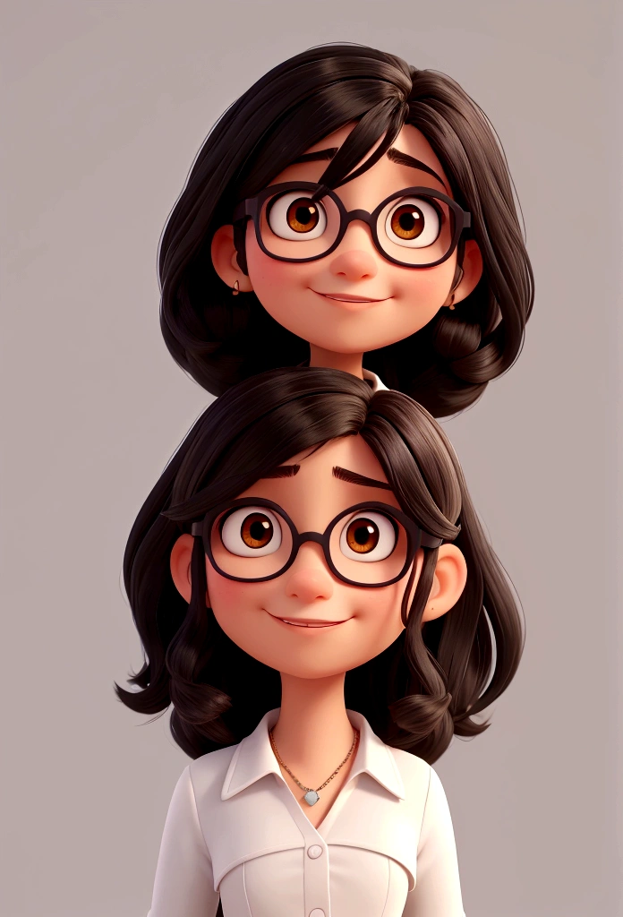 Create a Pixar-style avatar of a brunette. she has black hair, straight and slightly wavy at the ends, that falls a little below the shoulders. She wears black, square-framed glasses. There is a charming little mole on her right cheek. Facial expression should be happy and friendly, com olhos grandes e brilhantes, typical of Pixar characters. She is dressed in a colorful and modern blouse, reflecting a youthful and contemporary style.