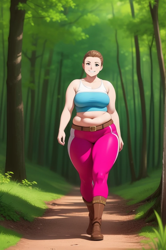 1woman, adventurer, medieval, walking through the forest , smiling, curvy, soft midriff, squishy midriff. squishy, soft. chubby midriff. squishy soft waist.