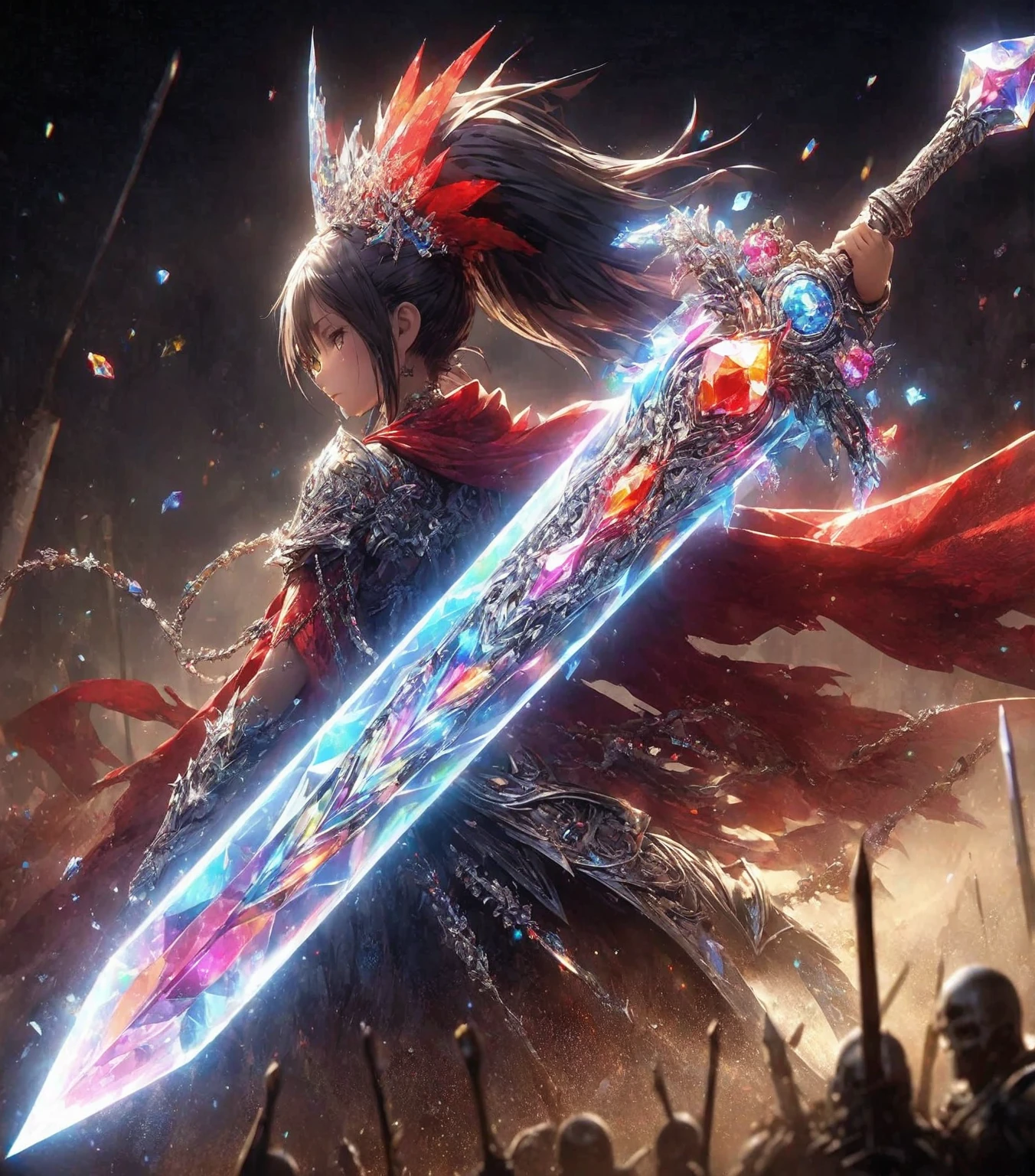 masterpiece, best quality, extremely detailed CG unity 8k wallpaper, The princess has an incredibly large and thick greatsword that fills the entire screen like nothing I've ever seen before. This extremely precise and high-definition sword is adorned with colorful jewels. The tip of the blade is crystal. Particulate light throughout. A dark red princess. This is a digital illustration. Sharp focus, highly detailed illustrations, masterpiece, high resolution, octane rendering style.