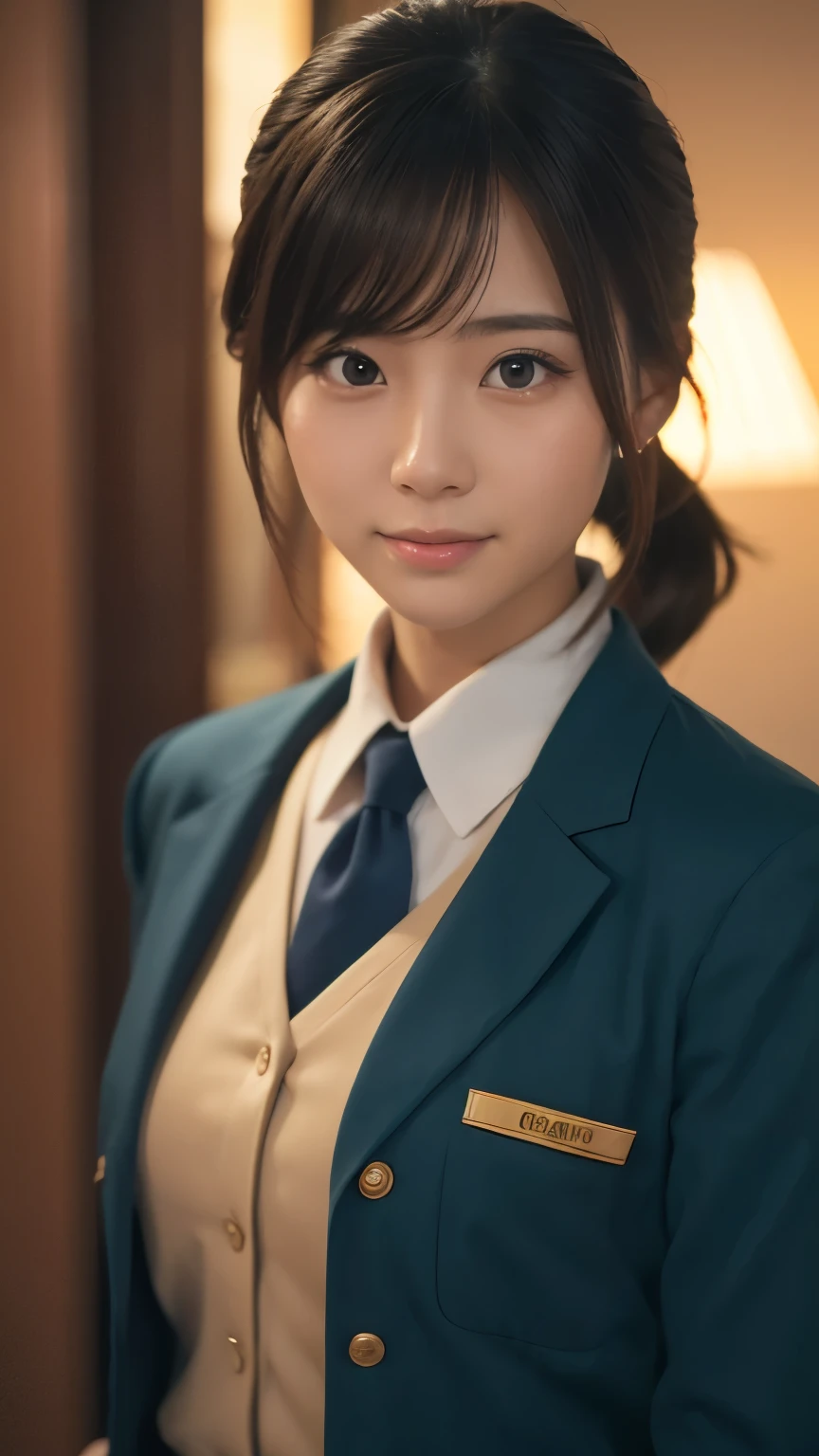 Beautiful young Japanese woman, Around 20 years old, Wearing military uniform, Very detailedな, 8K resolution, とてもRealistic, Cinema Lighting, Highest quality, masterpiece, Realistic, Physically Based Rendering, Very detailed, Vibrant colors, Professional, Sharp focus, Studio Lighting.Standing facing forward,Bright smile