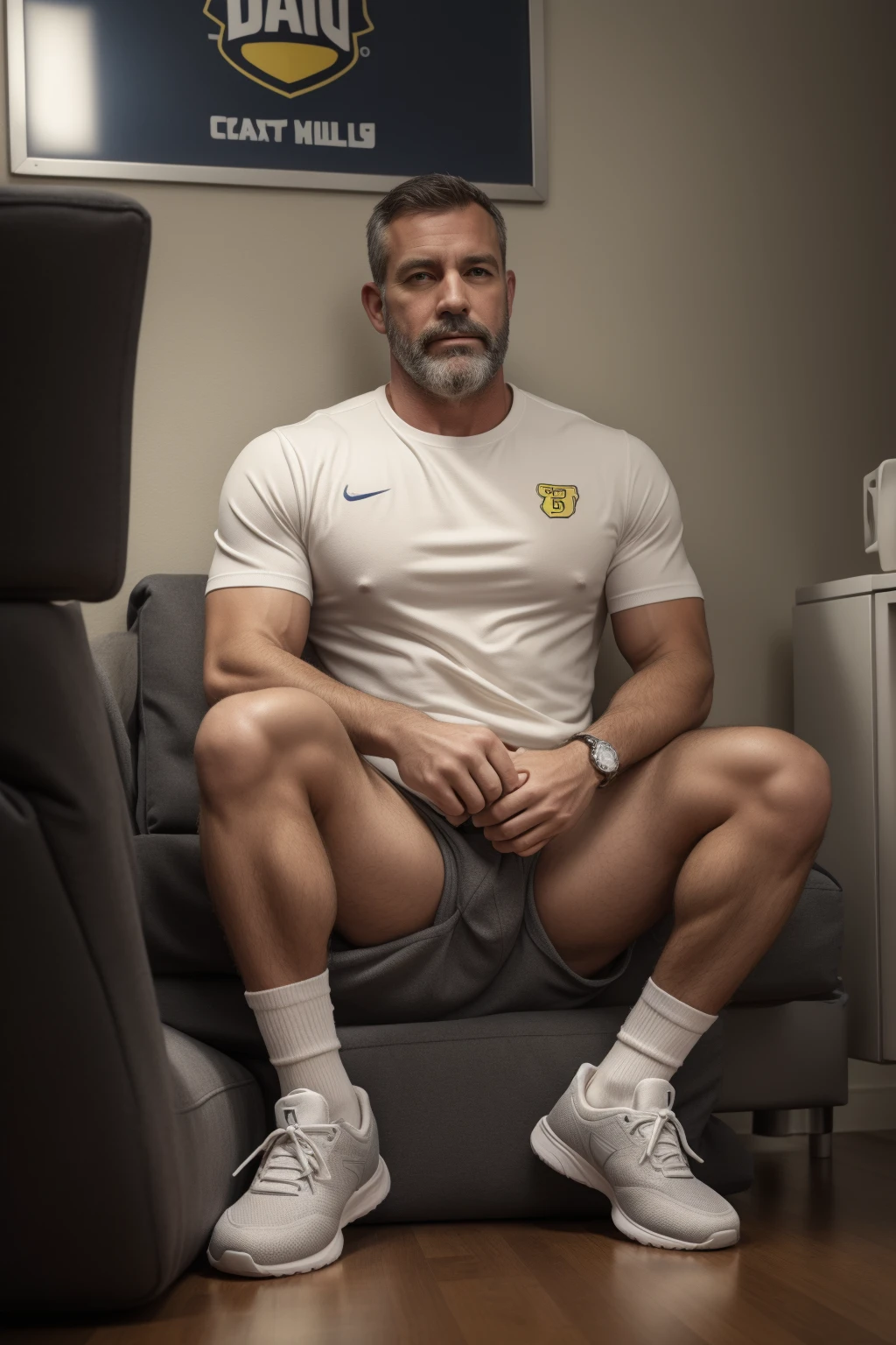 Best Quality, detailed, handsome dilf, unkempt, hairy arms and legs, gray fur, dilf trainer, sneakers, white socks, calves, office environment, office desk, relaxing, sofa, pubis, dad, very hairy, thick beard, White daddy bear man, Proportionate body, best legs, neck lines, detailed neck, detailed face, detailed eyes, woolly fur, Haircut, football coach, whole body, best shoes, high quality, detailed sneakers, venous , small town dad, professional dilf, pervert trainer, yellow team colors, team colors