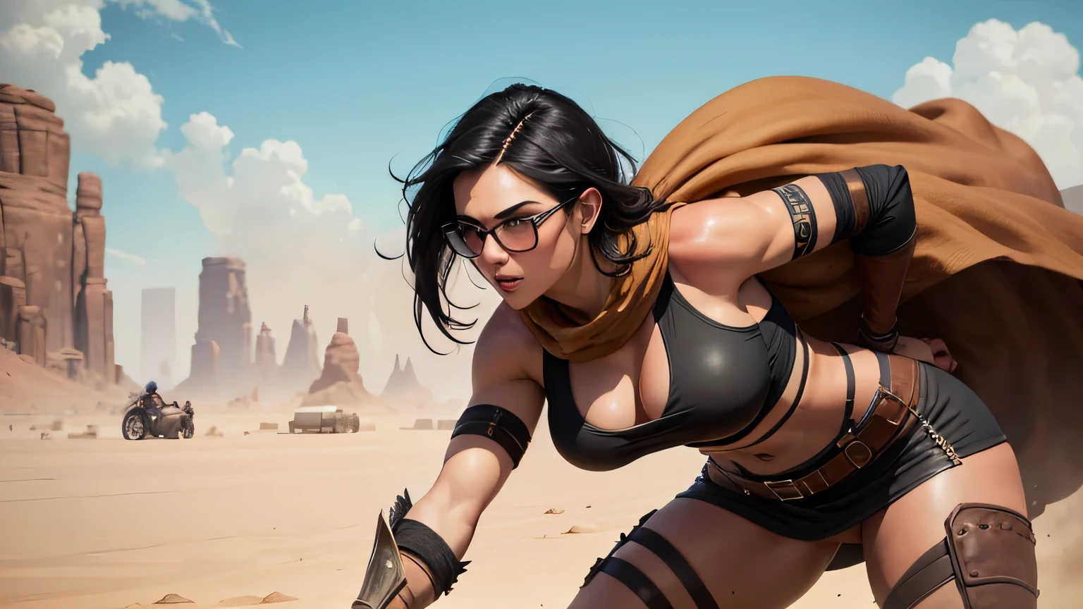 In a desert with a sandstorm, a curvy sexy sweaty woman with black hair and glasses,  conan exiles, survival clothing, In the background a strong man in desert clothing can be seen, 