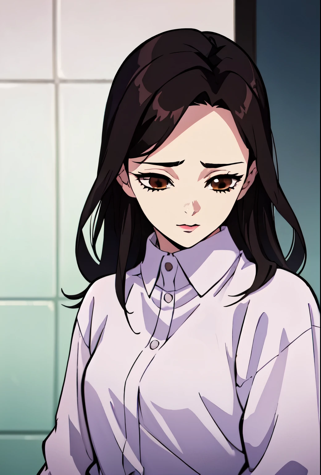 Girl, long brown hair, brown eyes, sharp features, white skin, pink lip, perfect, purple shirt with sleeves