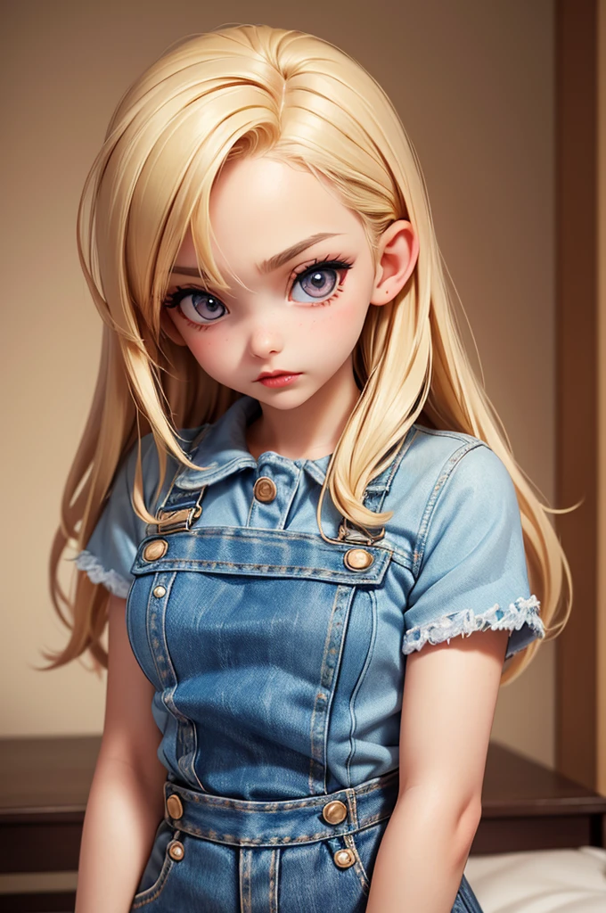 hyperrealistic 14 year old teen, blonde, short hight, perfect tiny body, sexy, dark makeup, perfect slim face, big red lips, very cute face, tiny body, big eyes, young looking, childish looking, denim overall, no shirt, nice tits