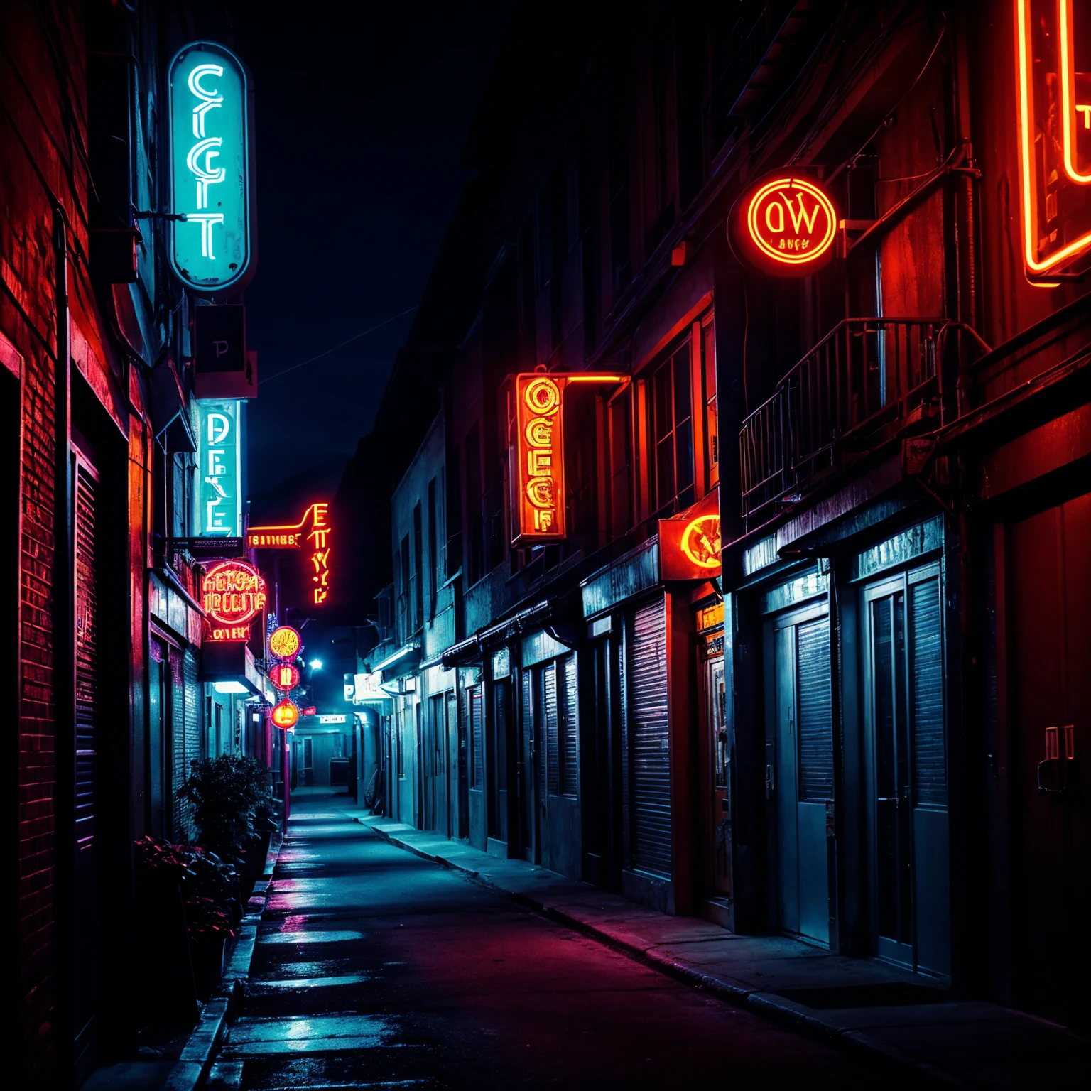 night,, (city street), (neon sign),) (cinematic), alleyway, (dark night), (street light), (album cover)