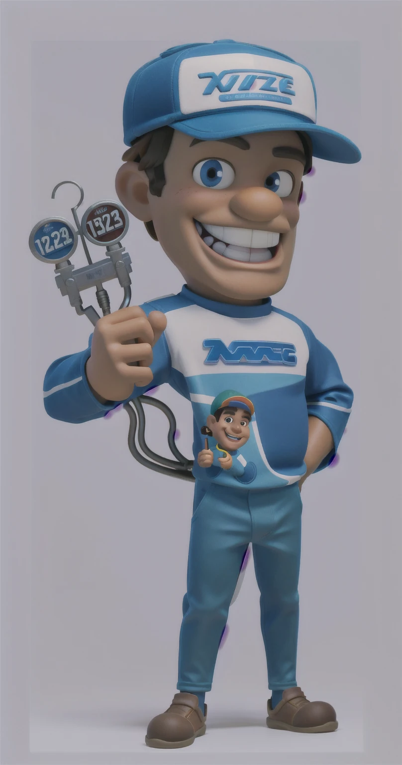 3d, Masterpiece artwork, disney pixar style man holding a pressure gauge, ebony skin, wearing cap, great smile, glad, long sleeve shirt, mascote de corpo inteiro, official character illustration, wearing plumber uniform, Mascot Illustration, detailed illustration, caricature, promotional rendering, bright coloured, rgb