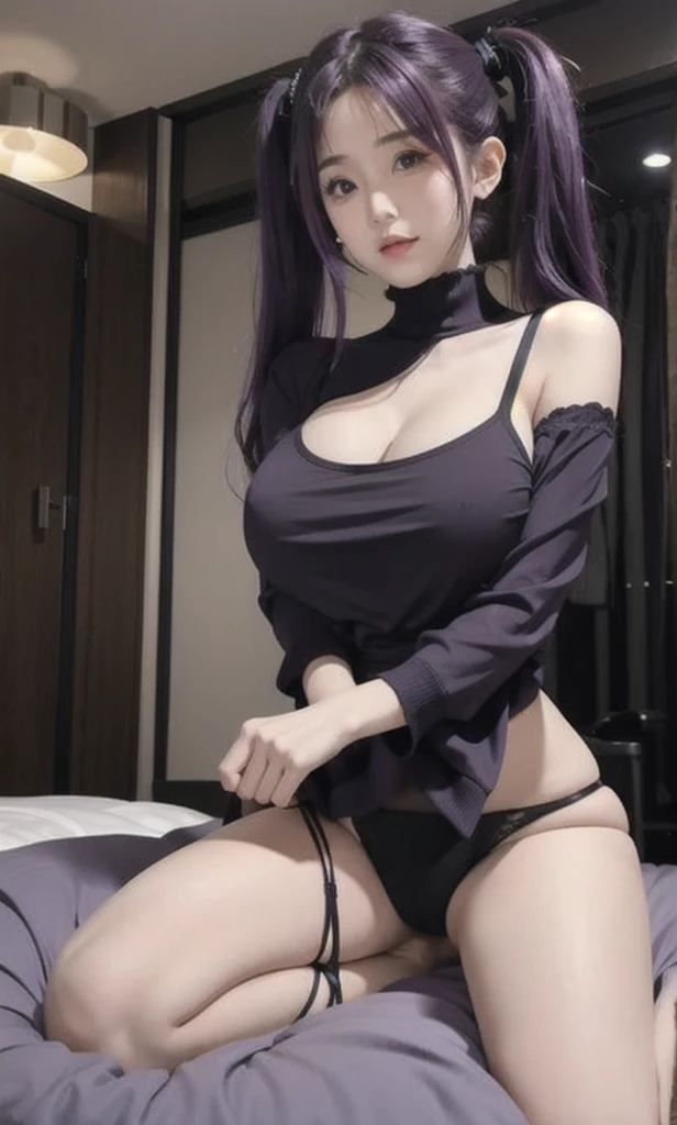 Purple Hair、Twin tails、Absolute area、Black Knee High、Big Breasts、panties、