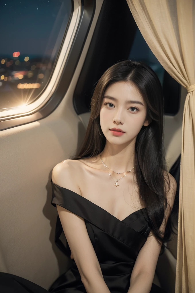 (((best quality))),(((ultra detailed))),(((masterpiece))),illustration,((1 beautiful girl,solo)),((slim,thin,small breasts,flat chest)),((shoulder length straight hair:))summer season,stunning female aviation passenger,nighttime flight,soaring high in the sky,serene beauty,elegance,dark colors,maxi dress,gracefully flowing,delicate necklace,sparkling pendant,soft lighting,anticipation,window seat,twinkling stars,moonlit sky,tastefully decorated aircraft interior,comfortable seats,warm ambiance,entertainment options,relaxation,tranquility,serene expression,peaceful atmosphere,contrast between darkness and warmth,captivating ambiance,magical moment,essence of summer,allure of the night,enchantment of air travel