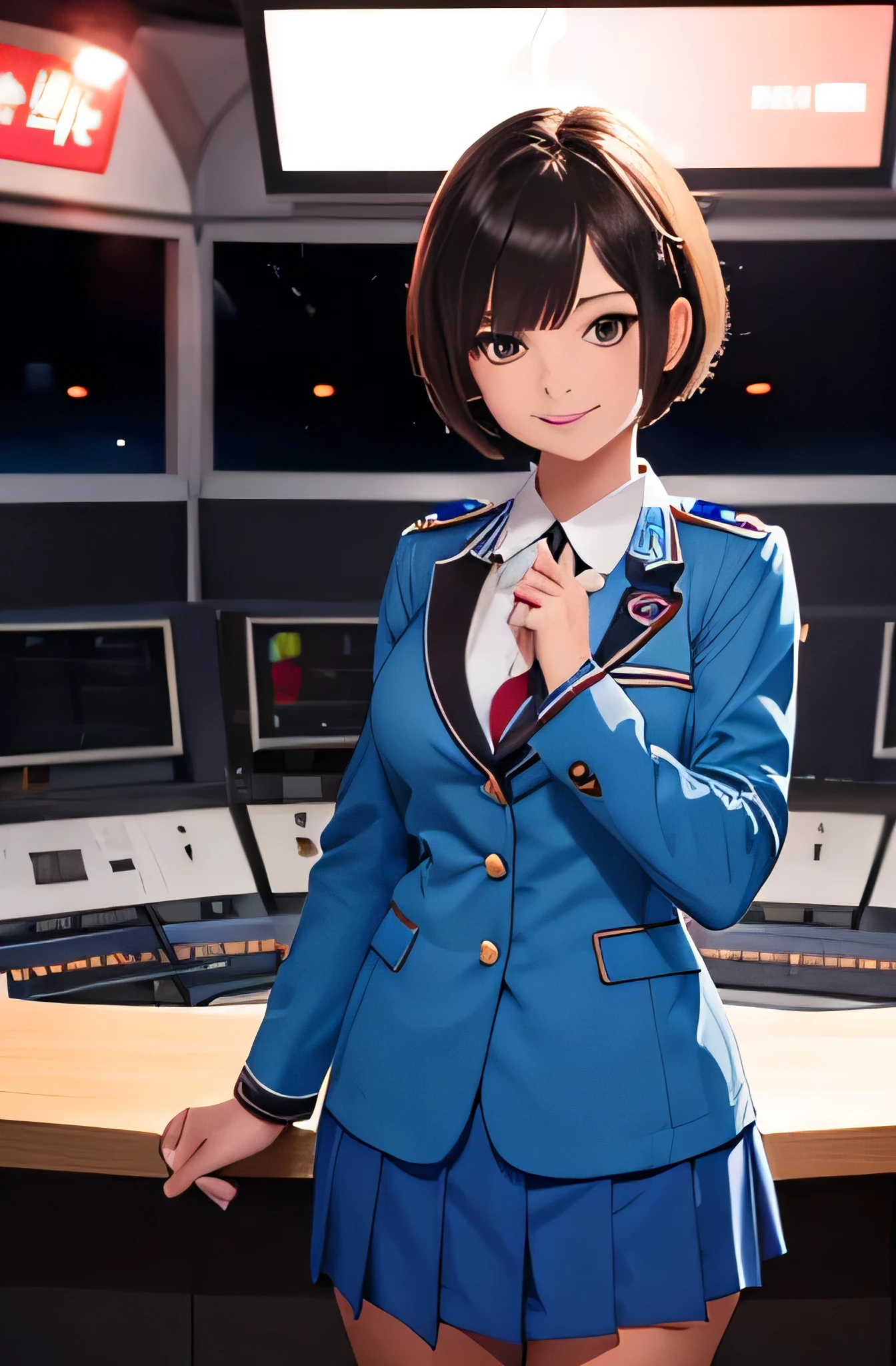 Female announcer girl,summer,short hair,smile,uniform,8K, Highest quality, masterpiece