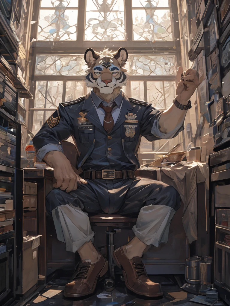 {{bara extremely handsome white tiger,}} {{white fur,}} white, wearing military like purple trench coat, purple trousers, white dress shirt and necktie, white fluffy furry body and limbs, loafers, very tall, very broad shoulders, narrow waist, muscular arms, massive pecs, purple eyes, very long legs,  sitting on swivel chair with legs spread, massive bulge, reading file, sophisticated hot look, full body, sunlight casting over, 3/4 view, best quality, high quality, silver earring on left ear, sultry smirk
