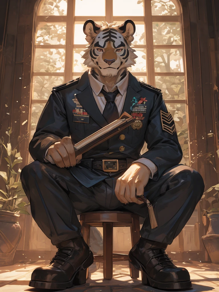 {{bara extremely handsome white tiger,}} {{white fur,}} white, wearing military like purple trench coat, purple trousers, white dress shirt and necktie, white fluffy furry body and limbs, loafers, very tall, very broad shoulders, narrow waist, muscular arms, massive pecs, purple eyes, very long legs,  sitting on swivel chair with legs spread, massive bulge, reading file, sophisticated hot look, full body, sunlight casting over, 3/4 view, best quality, high quality, silver earring on left ear, sultry smirk