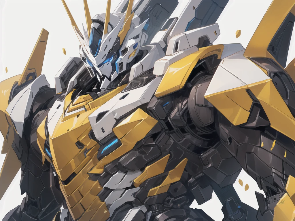[(WHITE BACKGROUND:1.5)], nijimecha,Blue mech standing,mech with heavy armor,thick limbs,energy core,power armor,full armor,best quality,masterpiece,no human being,v-fin,bule theme,(upper body)