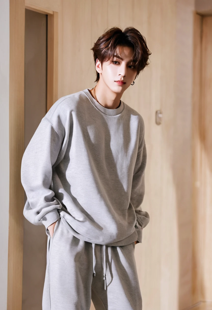 jungkook bts member, wearing grey sweatpants, with white half selvees tshirt, messy hair, 6.2 feet tall and fit body, background night in apartment  