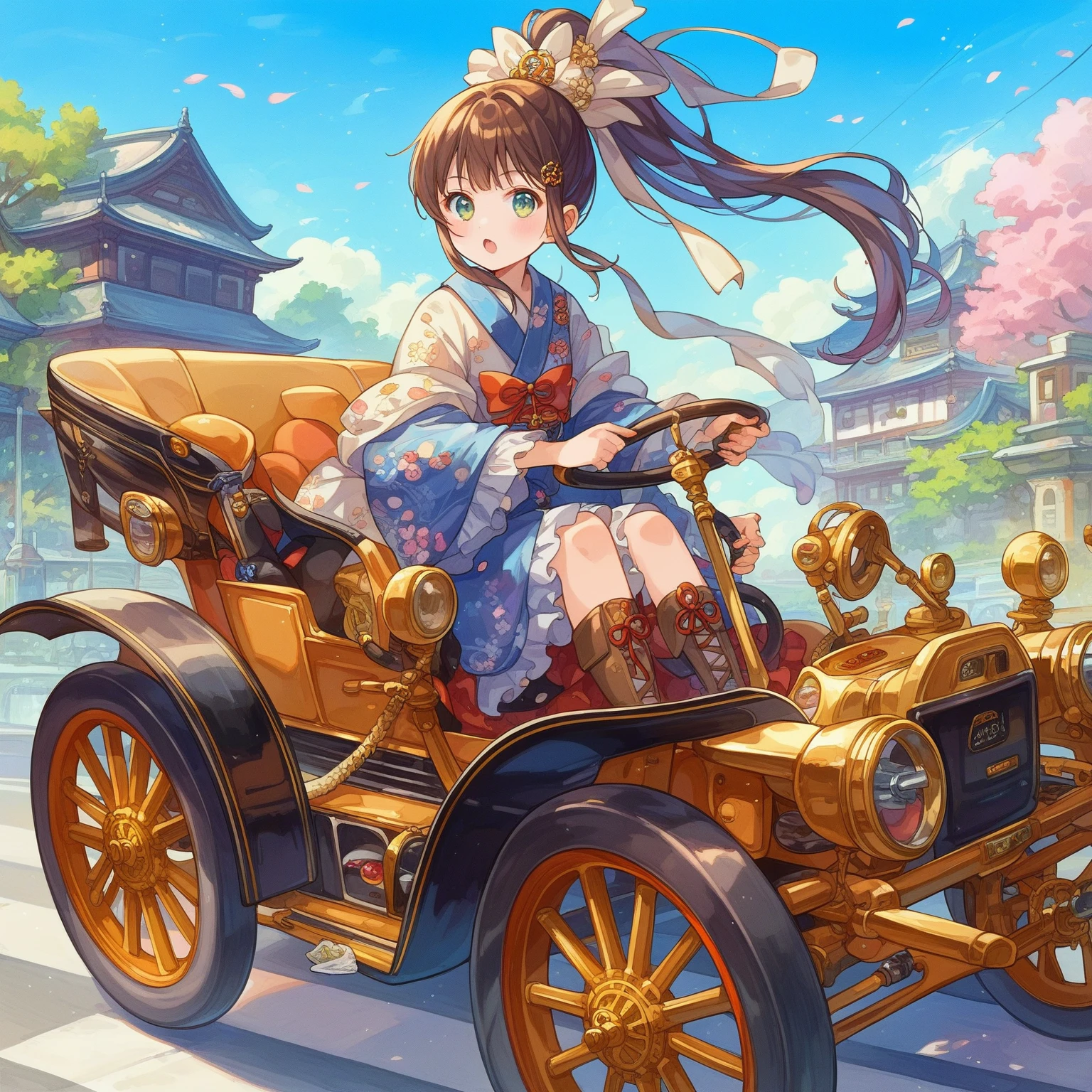 score_9, score_8_up, score_7_up, source_anime,masterpiece, best quality, high resolution, extremely detailed CG, absurdres, highres, In the Taisho era of Japan, a wealthy Japanese girl with a ponytail and a bow wore a Japanese dress and short boots from the Taisho era, and drove a golden high-end antique car on the road of Tokyo in the 1920s, in spring, with a blue sky, driving, ((holding steering wheel))