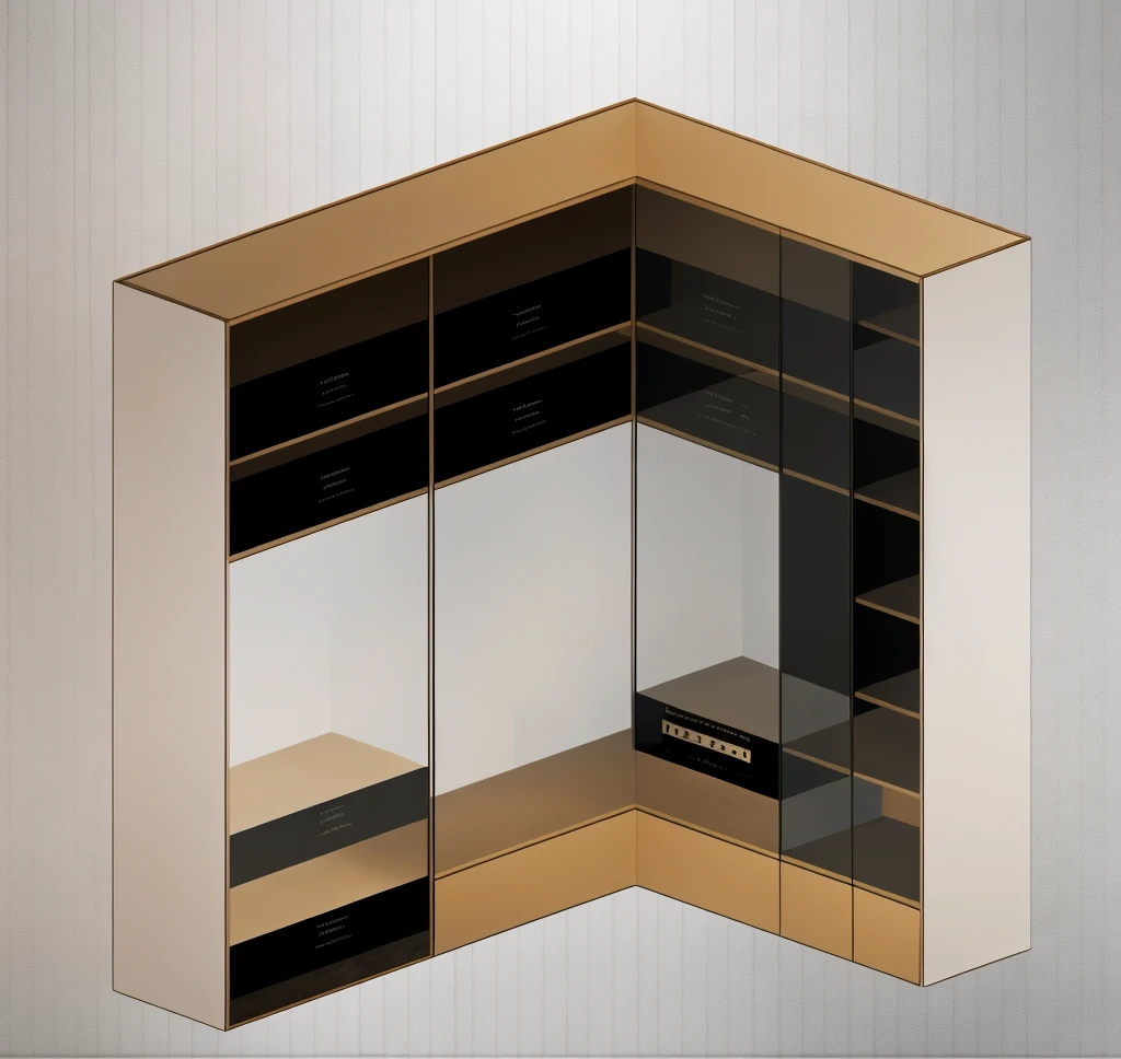 Wardrobe in neoclassical style, gray cabinet walls, black glass doors, white cabinet panels with classic motifs, LED lights