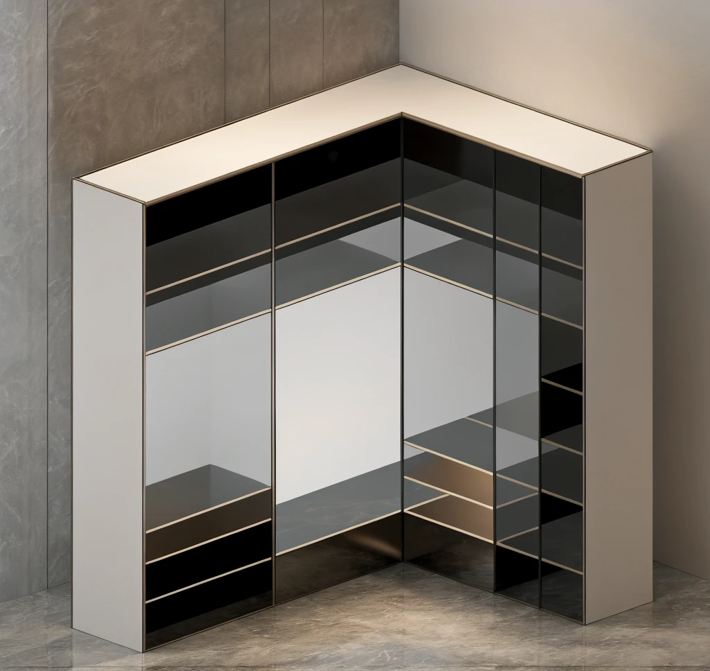 Wardrobe in neoclassical style, gray cabinet walls, black glass doors, white cabinet panels with classic motifs, LED lights