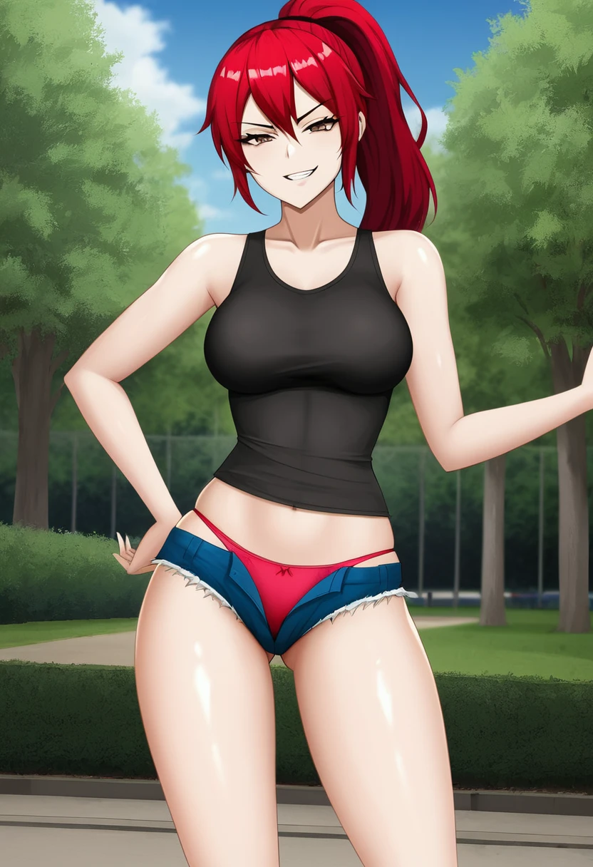 ((High Quality image 10k)) (( perfect autonomy)) Masterpiece, solo girl, brown eyes, red hair, wearing sleeveless black shirt, blue jean shorts, shorts are falling down, cute panties, sexy panties, evil smug grin, Standing, in the park