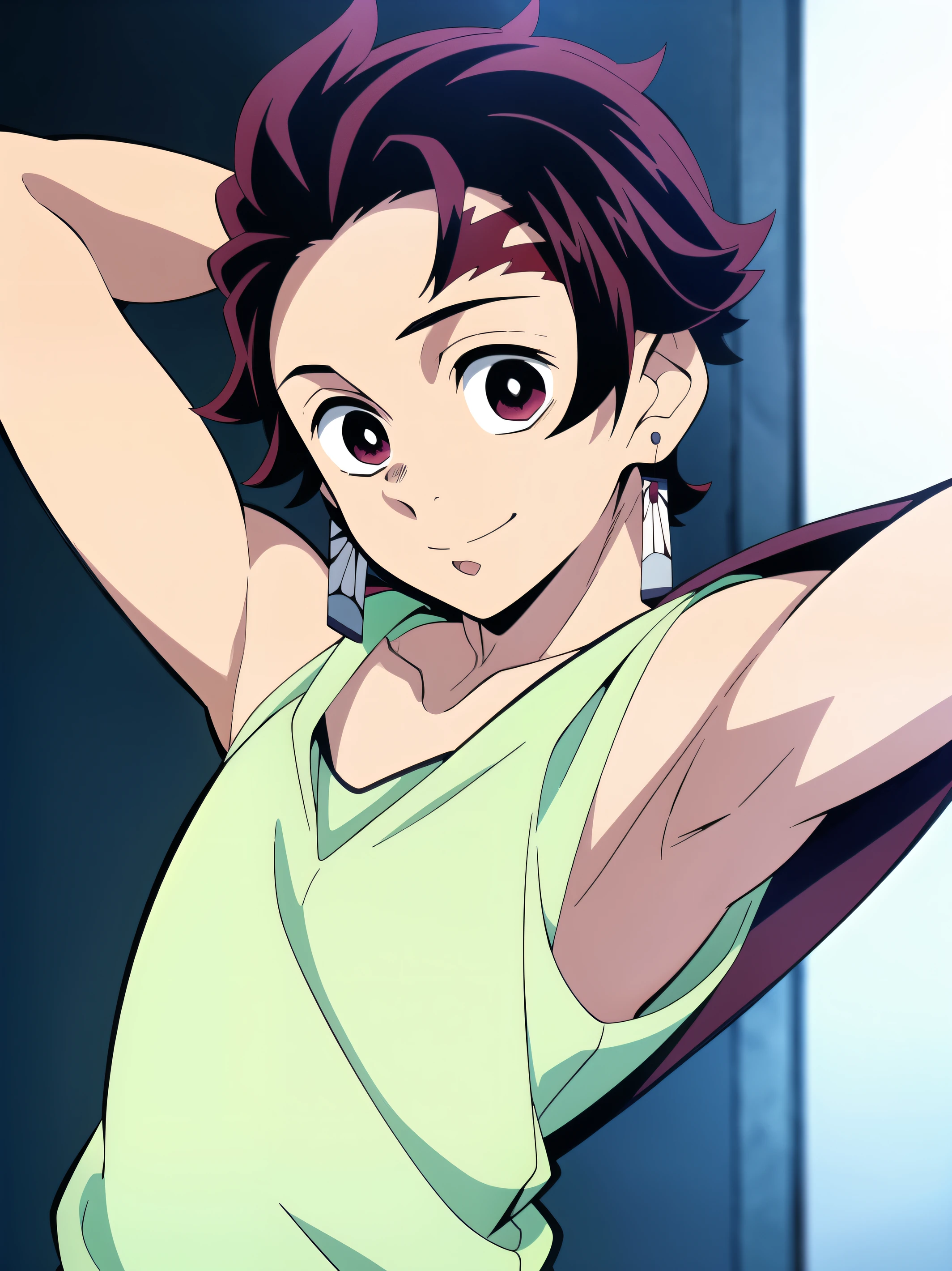 Highres, Masterpiece, Best quality at best,Best Quality,hight quality, hight detailed, Anime style, 1boy, Shota, young boy, Solo person, Tanjiro, earring, red hair, smile, (Sleeveless hoodie), Bare shoulder, Seen from the front, look at viewer, upper body, (very young boy), (very small and short body), (Showing armpit:1.3), Such a cute smooth armpit, The armpits of a 12 year old boy, Adorable little armpits, Give me a proportional picture of a 12 year old boy's armpits, 12-year-old boys, uhd, blurry beckground