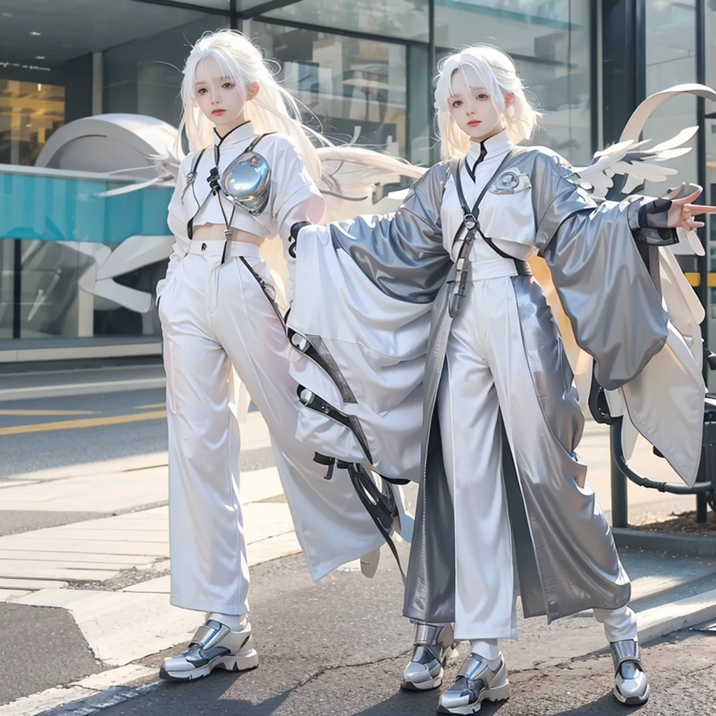 An albino realist with white hair, fully body, with roots of light in the skin, electric metallic wings and silver eyes quantum robotic armor pants