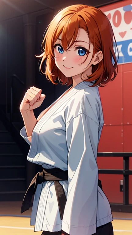 (masterpiece, 最high quality, high quality), Upper Body,Volumetric lighting, figure, beautiful, Perfect lighting, Perfect Shadow, (Nice views:1.1), Blushing, In-person audience, Are standing,Honoka Kousaka, blue eyes, Orange Hair,Empty-handed,White Karate Custom, Big Breasts, sweating, smile、Straight punch、In-person audienceにStraight punch、Raise your fist towards the audience、Serious、Desperate