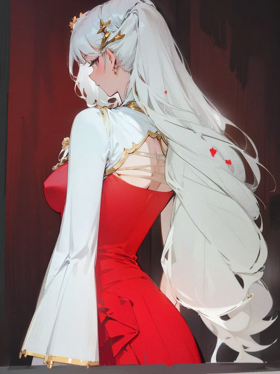 Add in roses to her dress, a good back dress design with some golden jewelry, make her dress into a red and white gown with a hat, give her some unique Jewelry, and make her look somewhat of a demonic angel like appearance to her